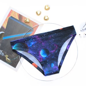 Space panties with galaxy planets print | soft cotton slim model and double layer crotch | tie dye space underwear by NERD LINGERIE