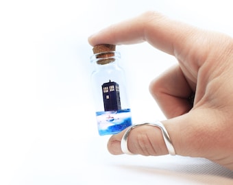 mini handmade Tardis miniature | tiny resin bottle art to make your athome desk nerdy and cozy | Perfect Dr. Who gift for the real Whovian!