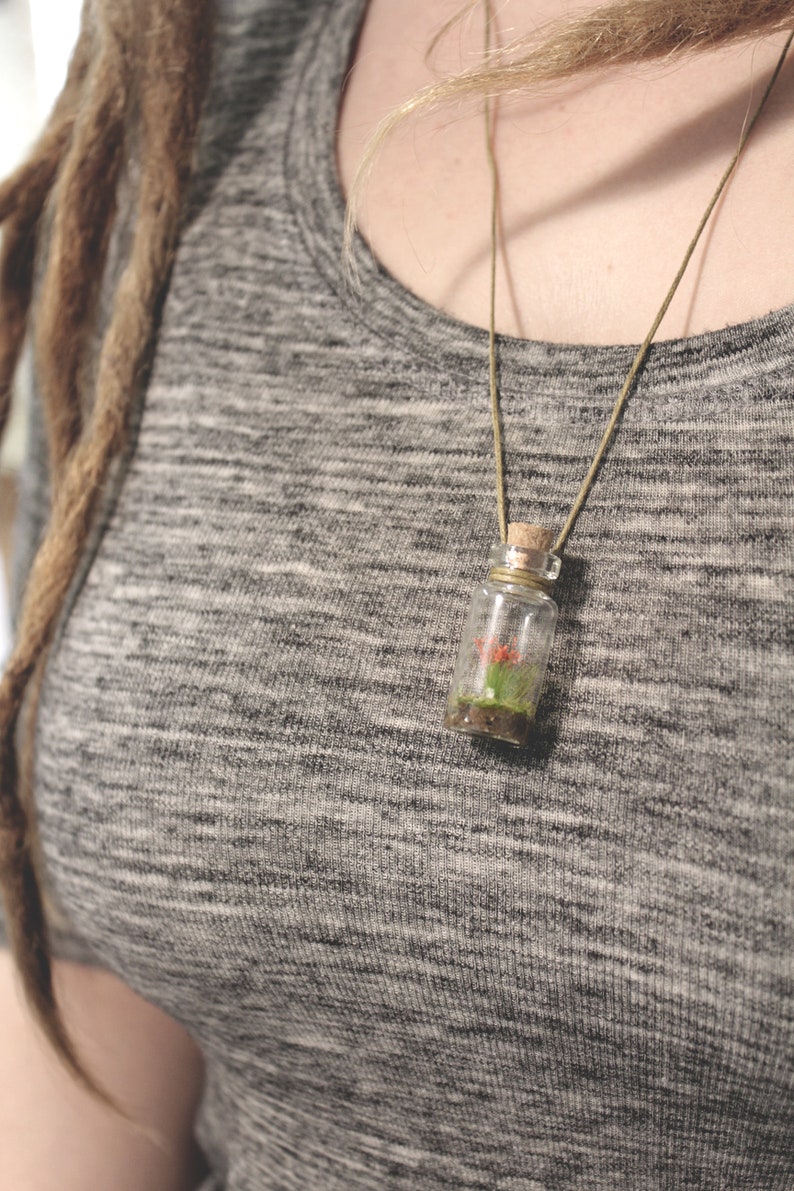 Glass bottle necklace with Wild Flowers Miniature firm vegan leather white cord Tiny Bouquet Diorama in a bottle to show off to everyone image 7