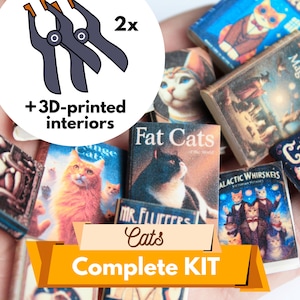 Miniatur Katzenbücher DIY Bastelset von 12 Miniaturbüchern + detailliertes 3D-gedrucktes Innenleben und 2 Klebeklammern | Covers DIY Kit
