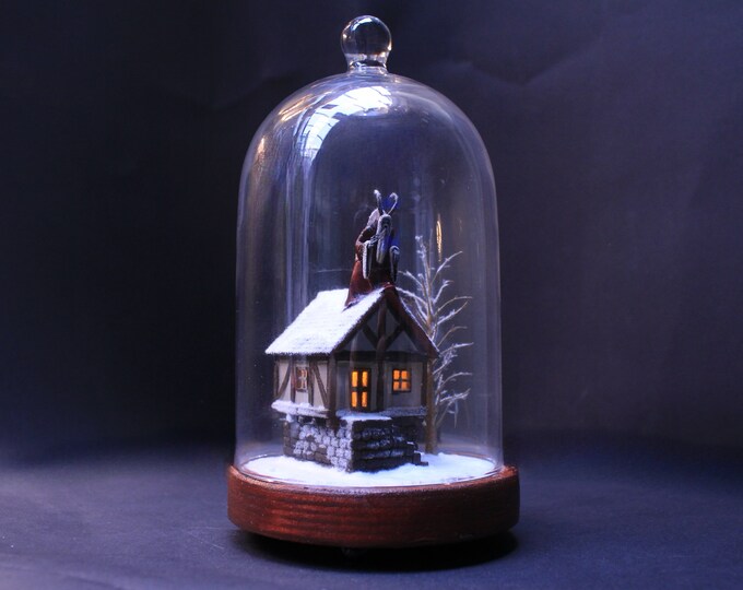 Krampus Rooftop Encounter Diorama Spooky Snow Globe Miniature With Led