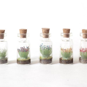 Glass bottle necklace with Wild Flowers Miniature firm vegan leather white cord Tiny Bouquet Diorama in a bottle to show off to everyone image 1