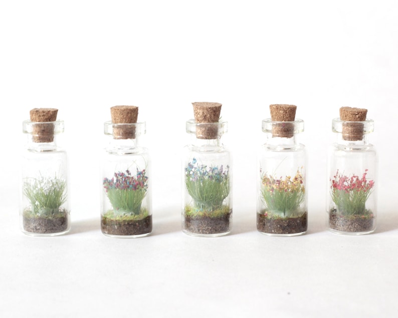 Glass bottle necklace with Wild Flowers Miniature firm vegan leather white cord Tiny Bouquet Diorama in a bottle to show off to everyone image 1