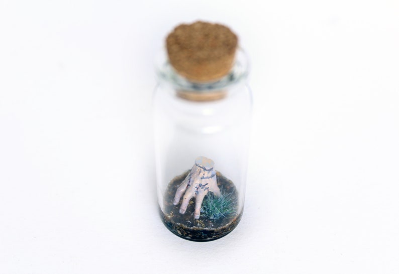 Thing Diorama in a glass bottle Wednesday Addams Family Thing Miniature, Best Creepy Gift for Gothic Home Decor & Horror Movie Art lovers by Stefanie Bonte