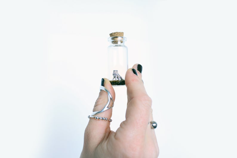 Hand holding a glass botttle with Artisan Diorama Wednesday Addams Family Thing Miniature, Best Creepy Gift in a Bottle for Gothic Home Decor & Horror Movie Art lovers made by Stefanie Bonte