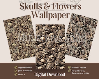 Floral Skulls Dollhouse Wallpaper voor gotische boekhoek of Victoriaanse Diorama Sepia schedels & bloemen, naadloos patroon behang voor miniatuur