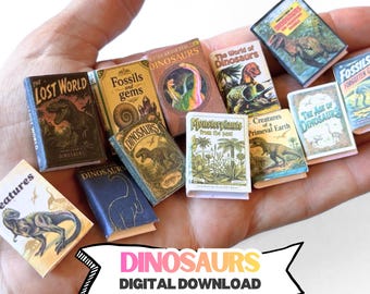 Printable dinosaur book covers for miniature shelves, 1:12 dollhouse library, instant download
