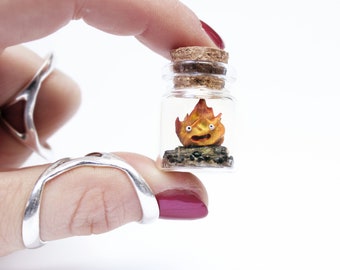 Handmade Calcifer Miniature in Glass Bottle on a fire | Howl&#39;s Moving Castle Studio Ghibli Inspired | Kawaii Anime Decor Unique Geeky Gift