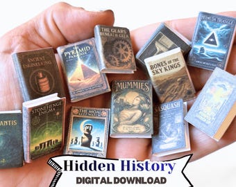 Printable hidden history book covers for miniature shelves, 1:12 dollhouse library, instant download