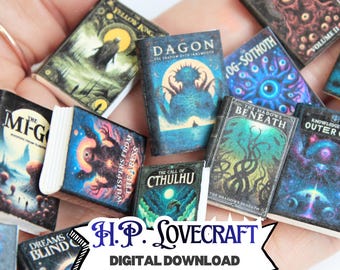 Printable Lovecraft book covers for miniature dollhouses, 1/12 and 1/6 scale, instant download