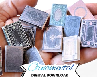 Printable Ornamental miniature book covers for miniature library | 1:12 dollhouse neutral DIY bookcovers |  instant download