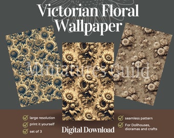 Vintage Floral Dollhouse Wallpaper for Victorian Book Nook or Crafts. Sepia Sunflowers & Dried Bouquets, Seamless Wallpaper for Miniatures