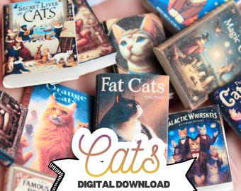 Printable cat book covers for miniature dollhouses on A4 paper | 1/12 and 1/6 scale library props | digital download