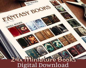 24 Fantasy Miniature Book Covers A4 PDF/JPG Set 1/12 Dollhouse: Castles, Monsters, Forests, Witches, Dragon Books, DIY Dollhouse Book Sheet