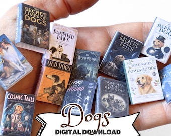 Printable dog book covers for miniature dollhouses | 1:12 scale library props | instant download