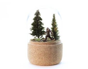 Bigfoot diorama in glass dome | Handmade Sasquatch miniature | Cryptid desk decor