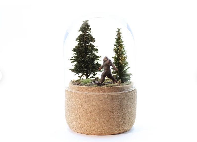 Bigfoot Sighting in Forest Diorama in Glass Dome Unique Sasquatch home decor, Yeti art Best Gift for Horror Lovers & Mystery Seekers image 1