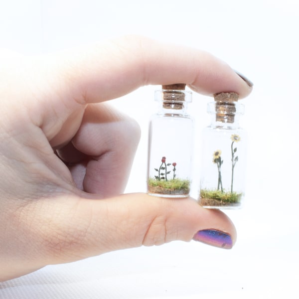 Miniature Valentine's Day roses and sunflowers in a glass bottle / Necklace on vegan cord / Floral gift for nature lovers and home décor