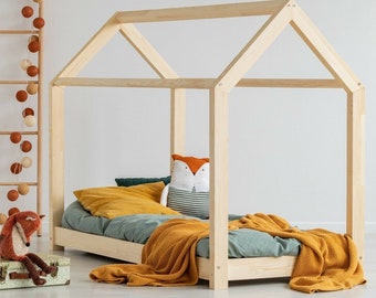 Hausbett für Kinder, Montessori Hausbett, solides handgemachtes Bett für Kleinkinder, Kinderbett, Holzhausbett, Cottage Bett Kleinkinderbett