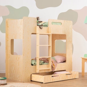 Twin Size Cube Bunk Bed For Kids, Montessori House Bed with Drawer, Wooden Bunk Bed, Handmade Bed for Toddler, Kid House Bed, Bunk Bed image 2