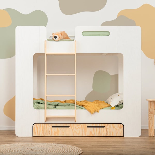 Letto a castello cubo a doppia dimensione per bambini, letto casa Montessori con cassetto, letto a castello in legno, letto fatto a mano