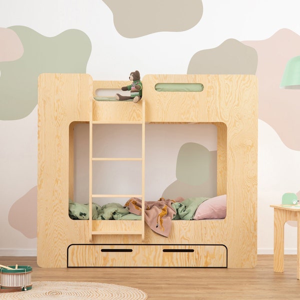 Litera de cubo de tamaño doble para niños, cama de casa Montessori con cajón, litera de madera, cama hecha a mano para niños pequeños