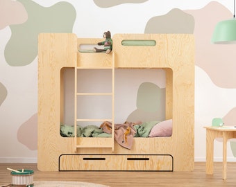 Litera de cubo de tamaño doble para niños, cama de casa Montessori con cajón, litera de madera, cama hecha a mano para niños pequeños