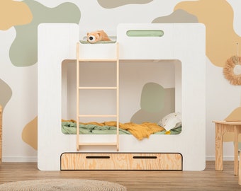 Lit superposé cube taille jumelle pour enfants, lit maison Montessori avec tiroir, lit superposé en bois, lit fait main pour tout-petit