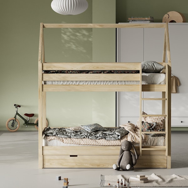 Lit superposé pour enfants avec tiroir, lit maison Montessori, lit maison en bois, lit fait à la main pour tout-petit, lit maison enfant