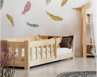 Łóżko dla malucha, łóżko drewniane, łóżko Montessori, solidne ręcznie robione łóżko dla malucha, łóżko dla dzieci, drewniane łóżko dla malucha, pokój dziecięcy, łóżko malucha z szynami