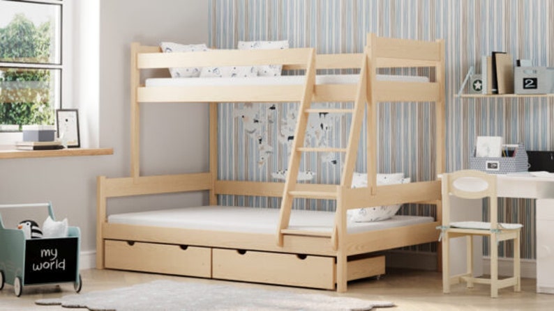 Hochbett für Kinder, Bunk bed for children, Lits superposés pour enfants, bunk bed, todder bed, Etagenbett 3-Personen Holz, Lits superposés triples