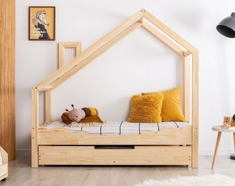 Hausbett mit Schublade, Montessori Hausbett, solides handgemachtes Bett für Kleinkinder, Kinderbett, Holzhausbett, Bett Kleinkinderbett