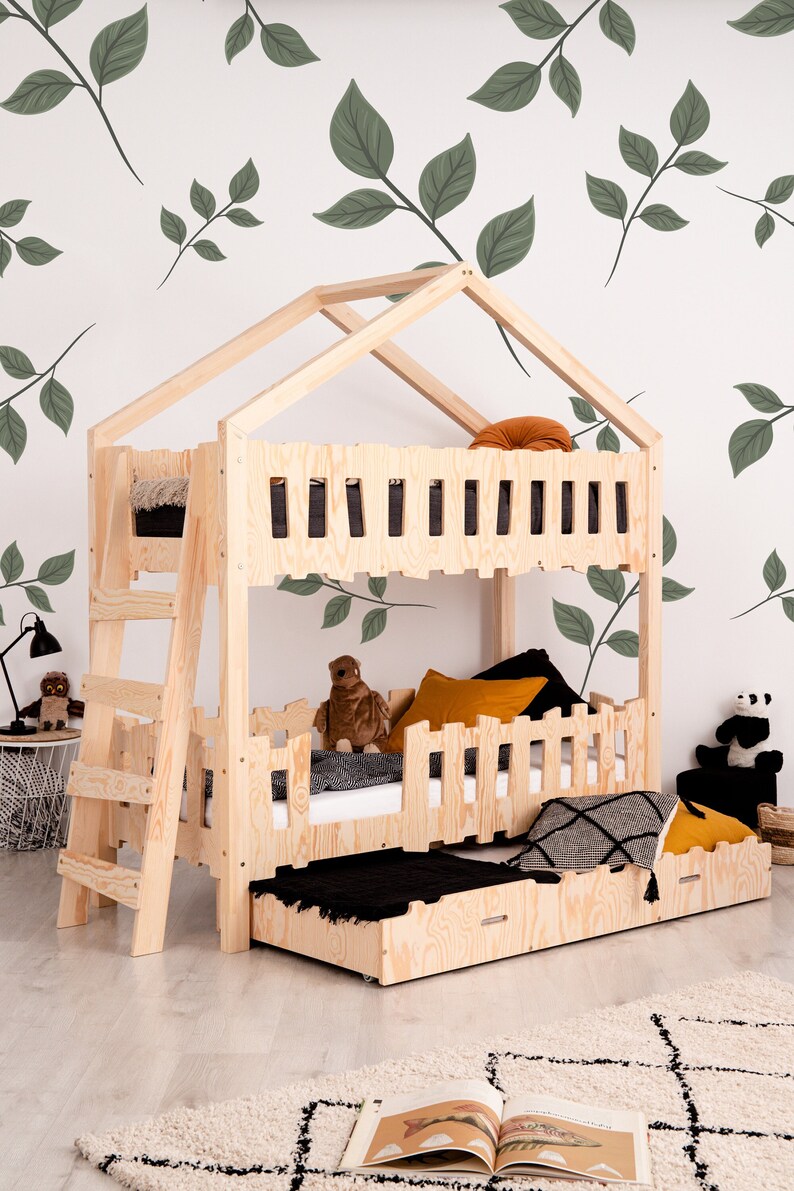 Bunk Bed for Kids Montessori House Bed With Drawer Wooden Etsy