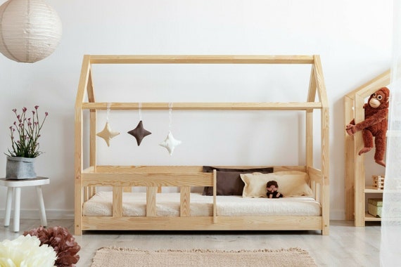 Twin Size House Bed with Rails and Storage Drawers and Desk for Kids, Wood  Montessori Beds with Seat and Shelves, L-Shape Playhouse Tent Corner Bed