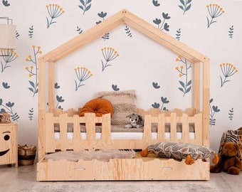 Solides Hausbett für Kinder, Montessori-Hausbett mit Schublade, solides handgefertigtes Bett für Kleinkinder, Kinderbett, Landhausbett,