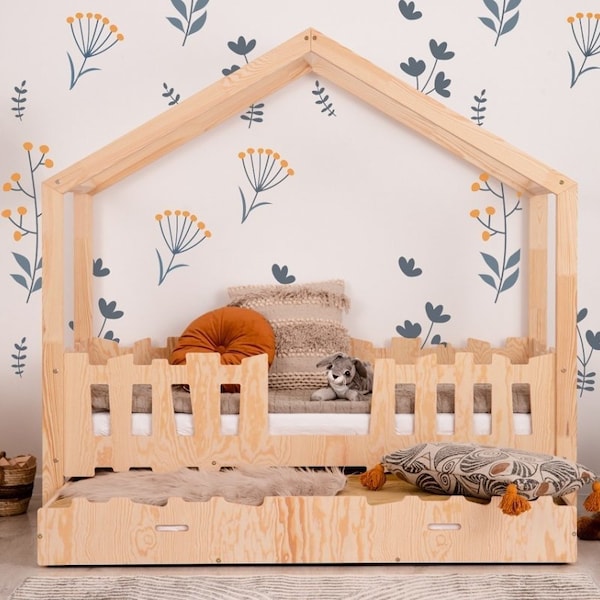 Lit de maison solide pour enfants, lit de maison Montessori avec un tiroir, lit solide fait à la main pour tout-petit, lit d'enfant