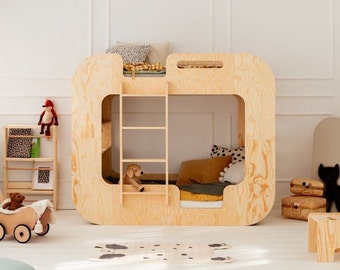Lit superposé cube pour enfants, lit maison Montessori, lit maison en bois, lit fait à la main pour tout-petit, lit maison enfant