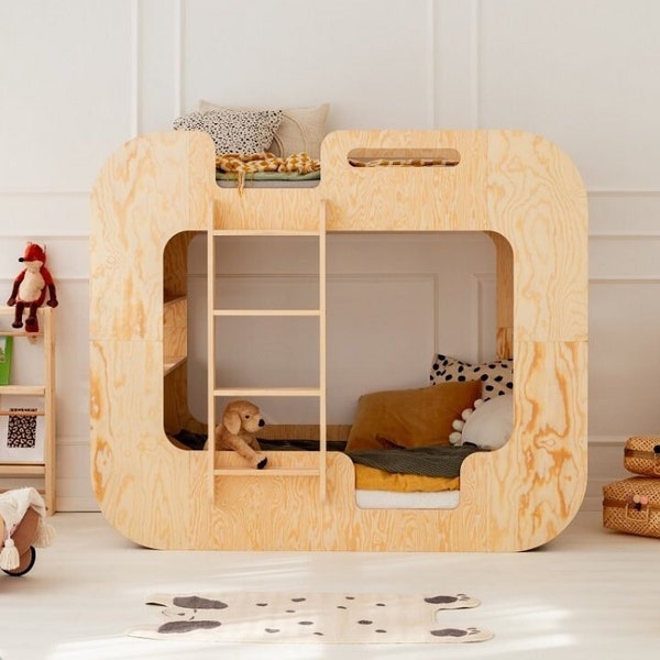 Lit superposé cube pour enfants, lit maison Montessori, lit maison en bois, lit fait à la main pour tout-petit, lit maison enfant