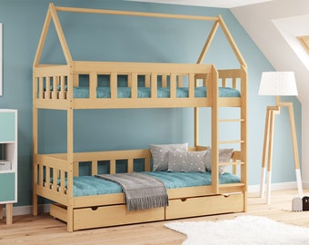 Lit superposé pour enfants avec tiroir, lit maison Montessori, lit maison en bois, lit fait à la main pour tout-petit, lit maison enfant