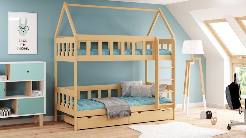 Bunk Bed For Kids with Drawer, Montessori House Bed, Wooden House Bed, Handmade Bed for Toddler, Kid House Bed, Wooden House Bed, KidsBed image 2