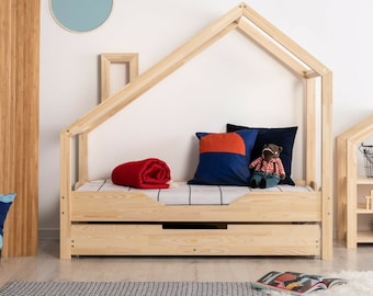 Hausbett mit Schublade, Montessori Hausbett, solides handgemachtes Bett für Kleinkinder, Kinderbett, Holzhausbett, Bett Kleinkinderbett