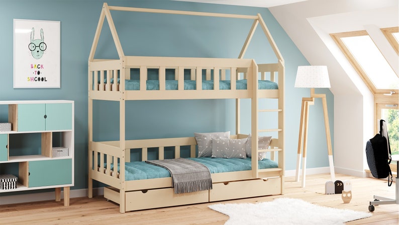 Bunk Bed For Kids with Drawer, Montessori House Bed, Wooden House Bed, Handmade Bed for Toddler, Kid House Bed, Wooden House Bed, KidsBed zdjęcie 4