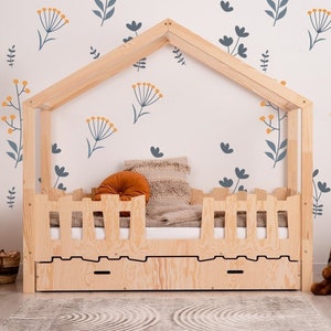 Solid House Bed For Kids, Montessori House Bed with a Drawer, Solid Handmade Bed for Toddler, Kids Bed, Floor Bed, Cottage Bed,Toddler Bed image 2