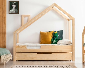 Hausbett mit Schublade, Montessori Hausbett, solides handgemachtes Bett für Kleinkinder, Kinderbett, Holzhausbett, Bett Kleinkinderbett