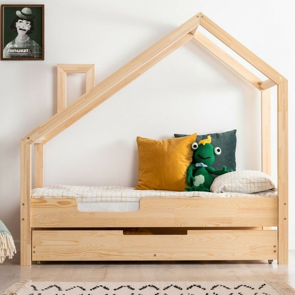 House Bed with Drawer For Kids, Montessori House Bed, Solid Handmade Bed for Toddler, Kids Bed, Bed Frame, Cottage Bed, Toddler Bed