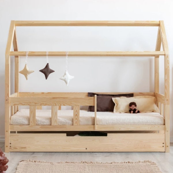 Solid House Bed with Drawer For Kids, Montessori House Bed, Solid Handmade Bed for Toddler, Kids Bed, Bed Frame, Cottage Bed, Toddler Bed