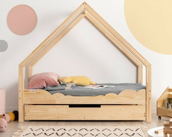 Hausbett mit Schublade, Montessori Hausbett, solides handgemachtes Bett für Kleinkinder, Kinderbett, Holzhausbett, Bett Kleinkinderbett