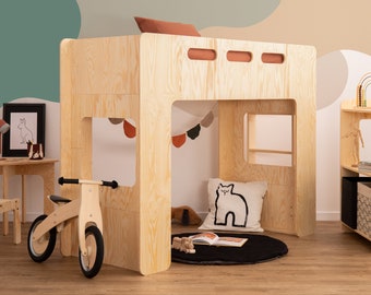 Würfel-Hochbett für Kinder, Montessori-Hausbett, weißes Etagenbett aus Holz,handgefertigtes Bett für Kleinkinder,Kinderhausbett,Holzhausbett