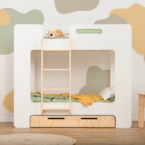 Litera de cubo de tamaño doble para niños, cama de casa Montessori con cajón, litera de madera, cama hecha a mano para niños pequeños imagen 3