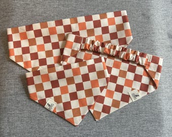 Orange Checkered Scrunchie Dog Bandana, Retro Fall bandana